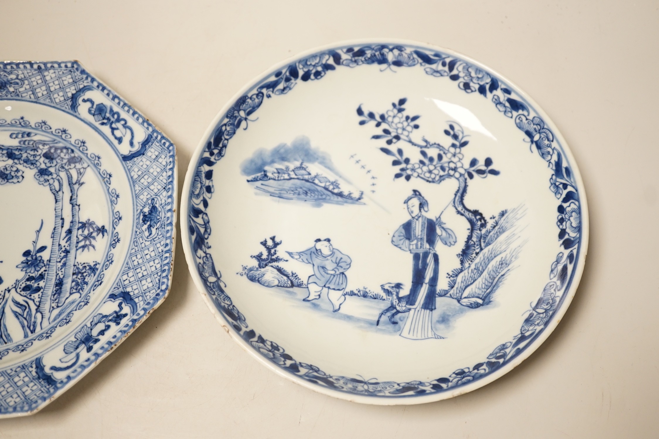 An 18th century Chinese Export octagonal plate and a similar saucer dish. 22.5cm diameter